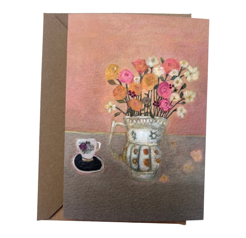 Autumn Bouquet in Charleston house jug and with  a Queen Anne Teacup and Saucer