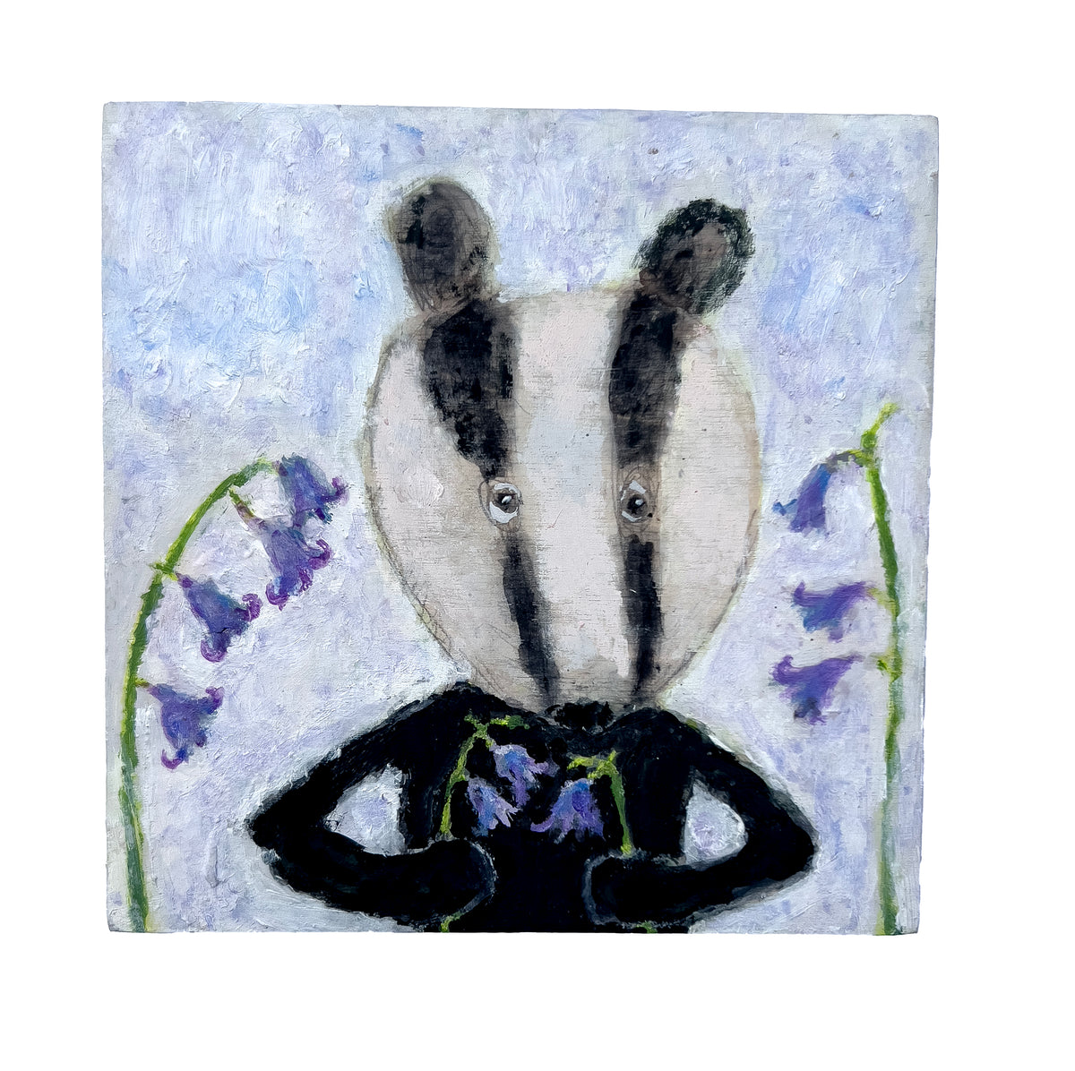 Bluebell Badger painting by Zoe Attwood naive art animal surrounded by bluebells on wood canvas