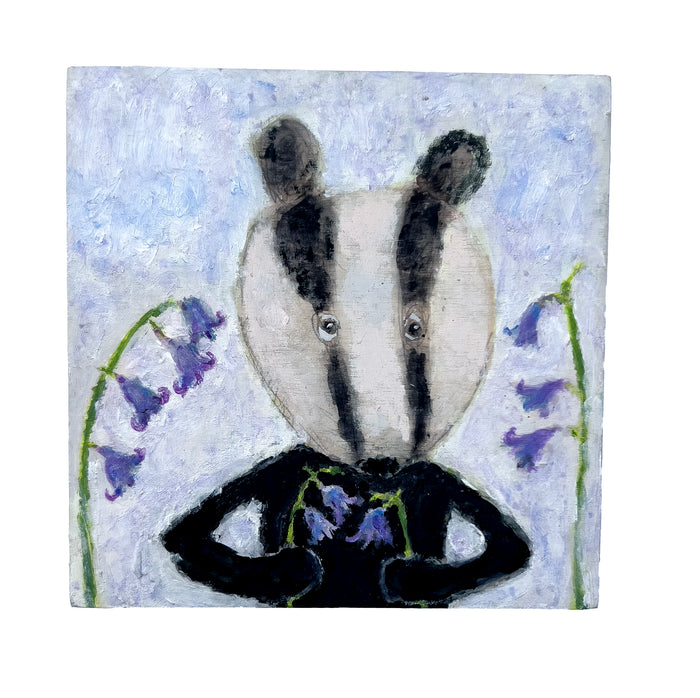 Bluebell Badger painting by Zoe Attwood naive art animal surrounded by bluebells on wood canvas