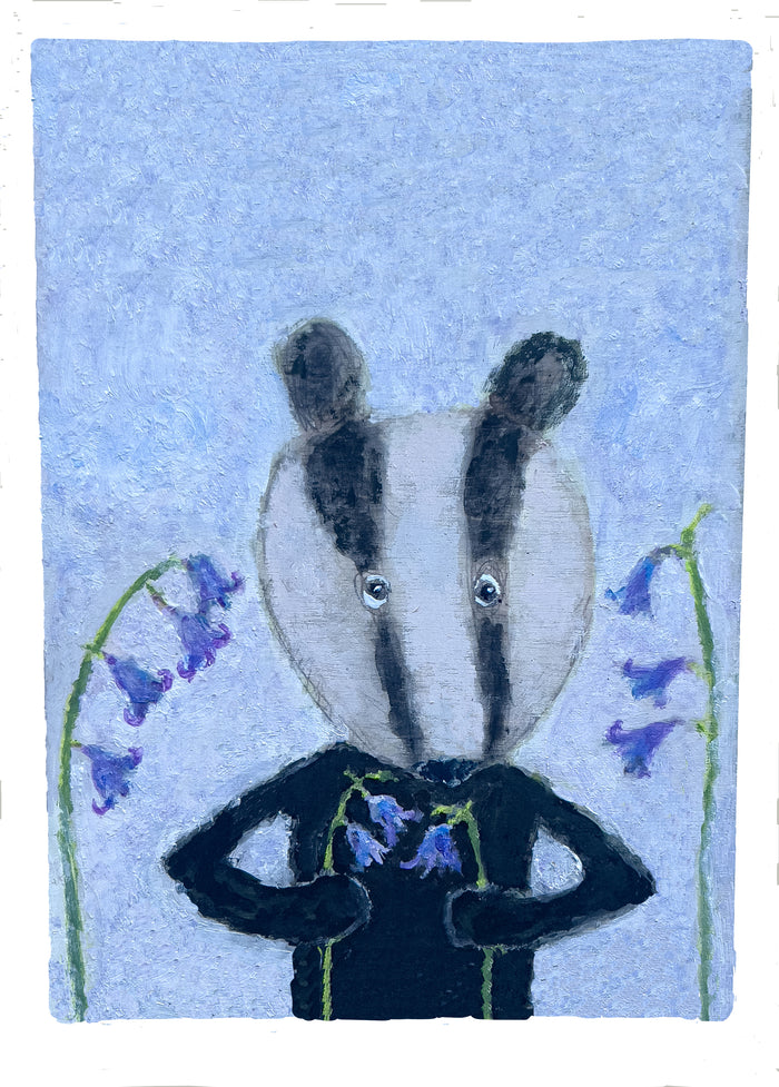 A cute badger holding a bunch of blue bluebells against a blue background, depicted in a simplistic art style.