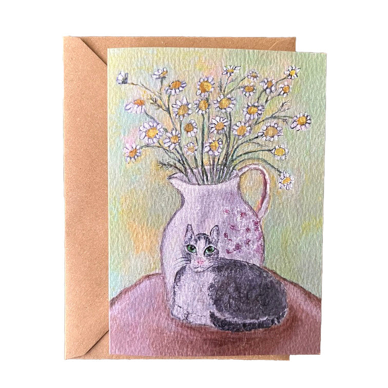 Cat & Chamomile Art Card by Zoe Attwood - Gentle Feline Among Summer Blooms