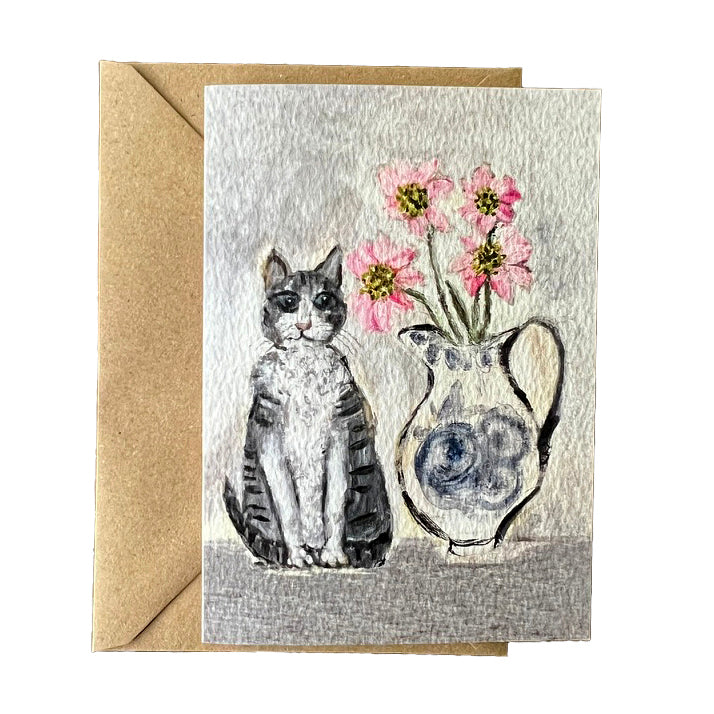 Tabby and Chrysanthemums Art Card by Zoe Attwood