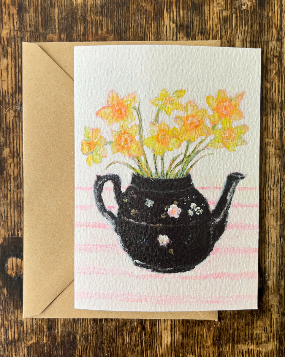 Daffodils in Vintage teapot. A6 Greetings card. zoeattwood