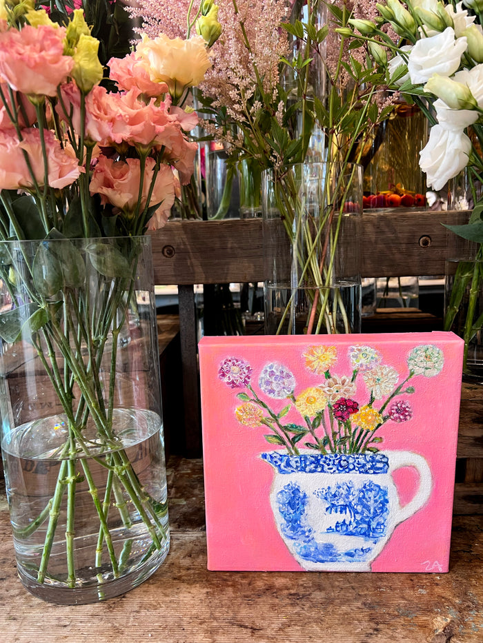 Dahlias in Blue 
Willow jug painting  with vibrant pink background by Zoe Attwood 