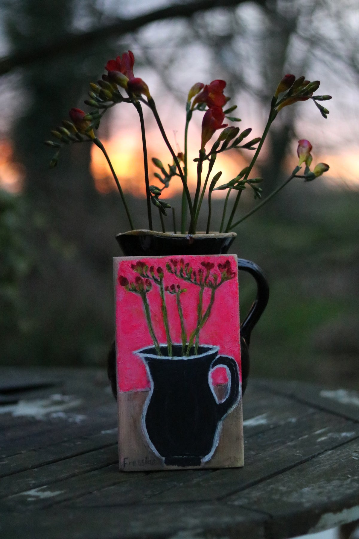 Freesias in Jackfield Jug – Handpainted Floral Art Inspired by Suffolk