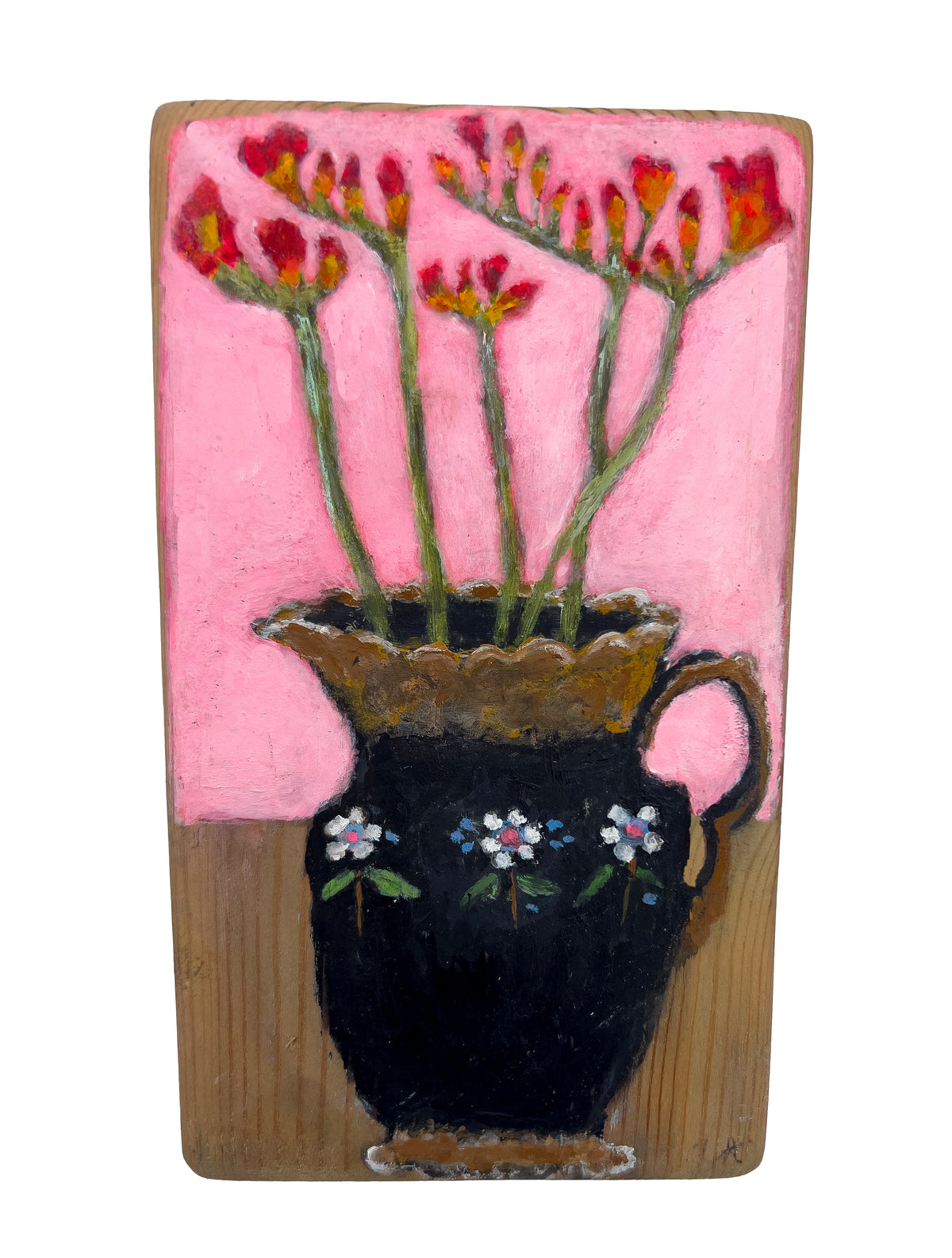 A painting of vibrant red and orange freesias in a black and gold jug against a pink background by Zoe Attwood 
