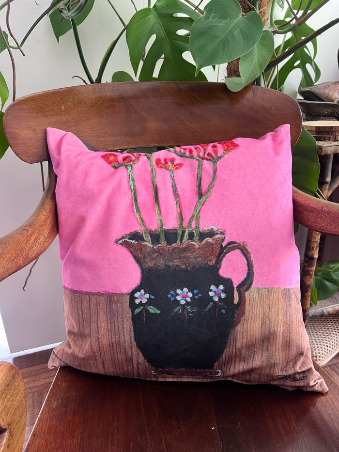 Freesias in Jackfield jug art Art Cushion by Zoe Attwood