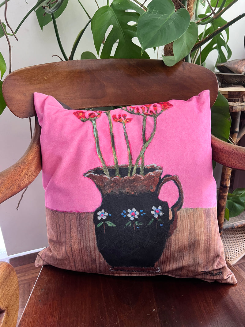 Freesias in Jackfield jug art Art Cushion by Zoe Attwood