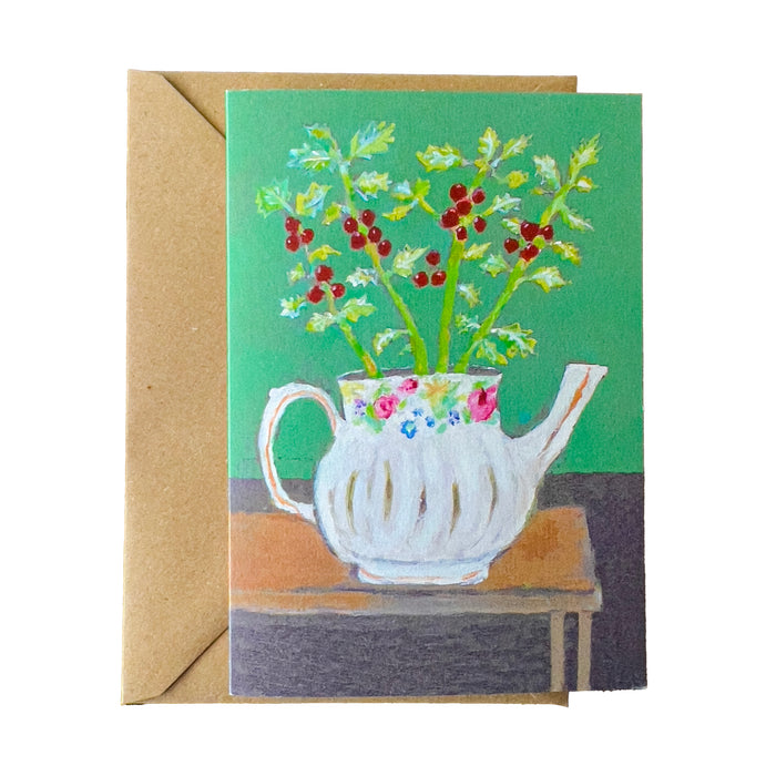 Art greetings card os painting of Holly in Floral Sadler teapot
