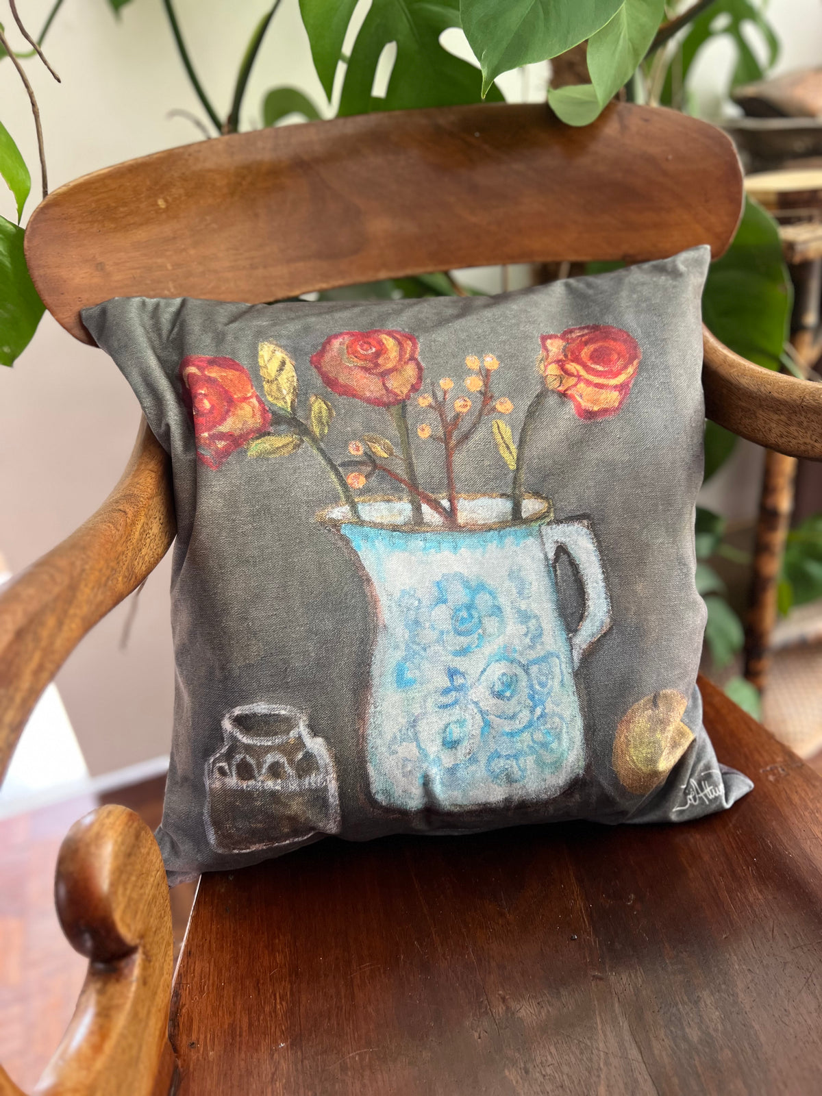 Lady of Shalott Rose in Burleigh jug art cushion