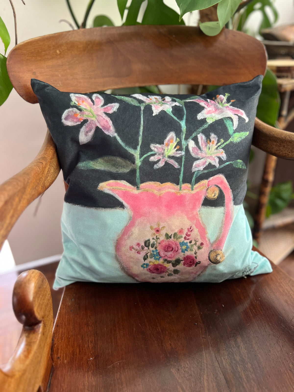 Lilies in Stafordshire Jug Art cushion
