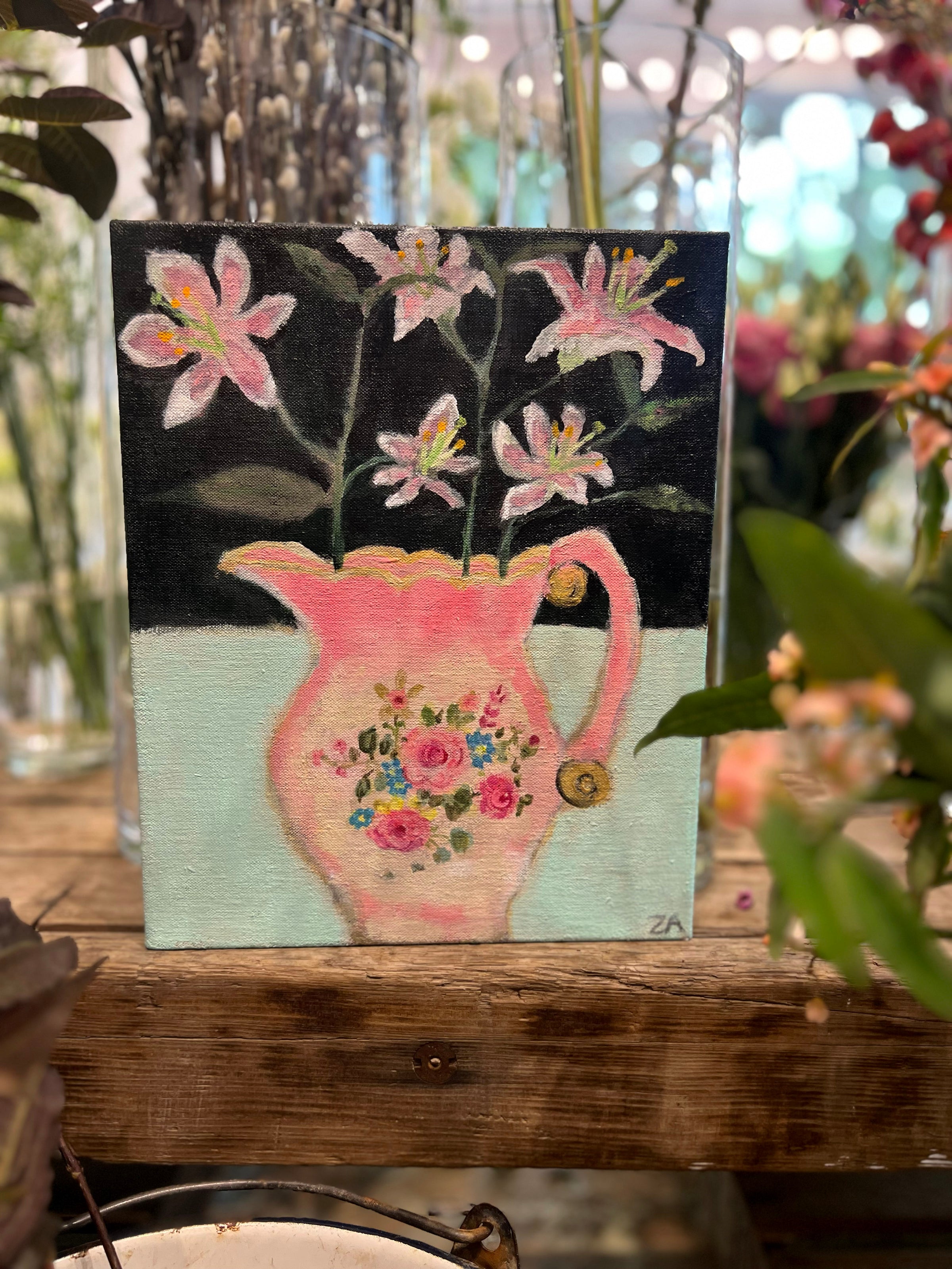 Lillies in a Pink floral jug by Zoe Attwood 