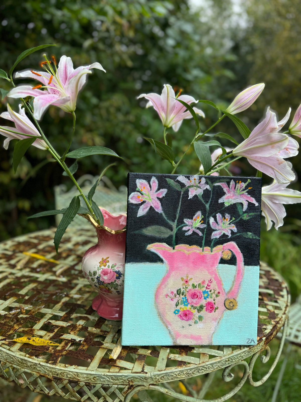 Lillies in Pink floral Staffordshire Jug painting by Zoe Attwood