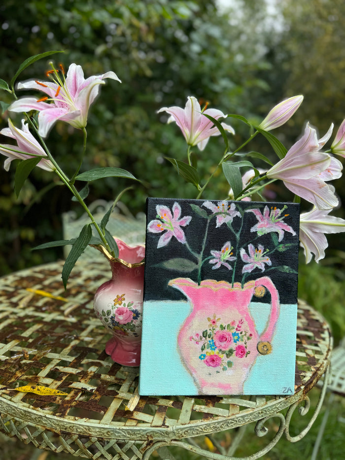 Lillies in Pink floral Staffordshire Jug painting by Zoe Attwood