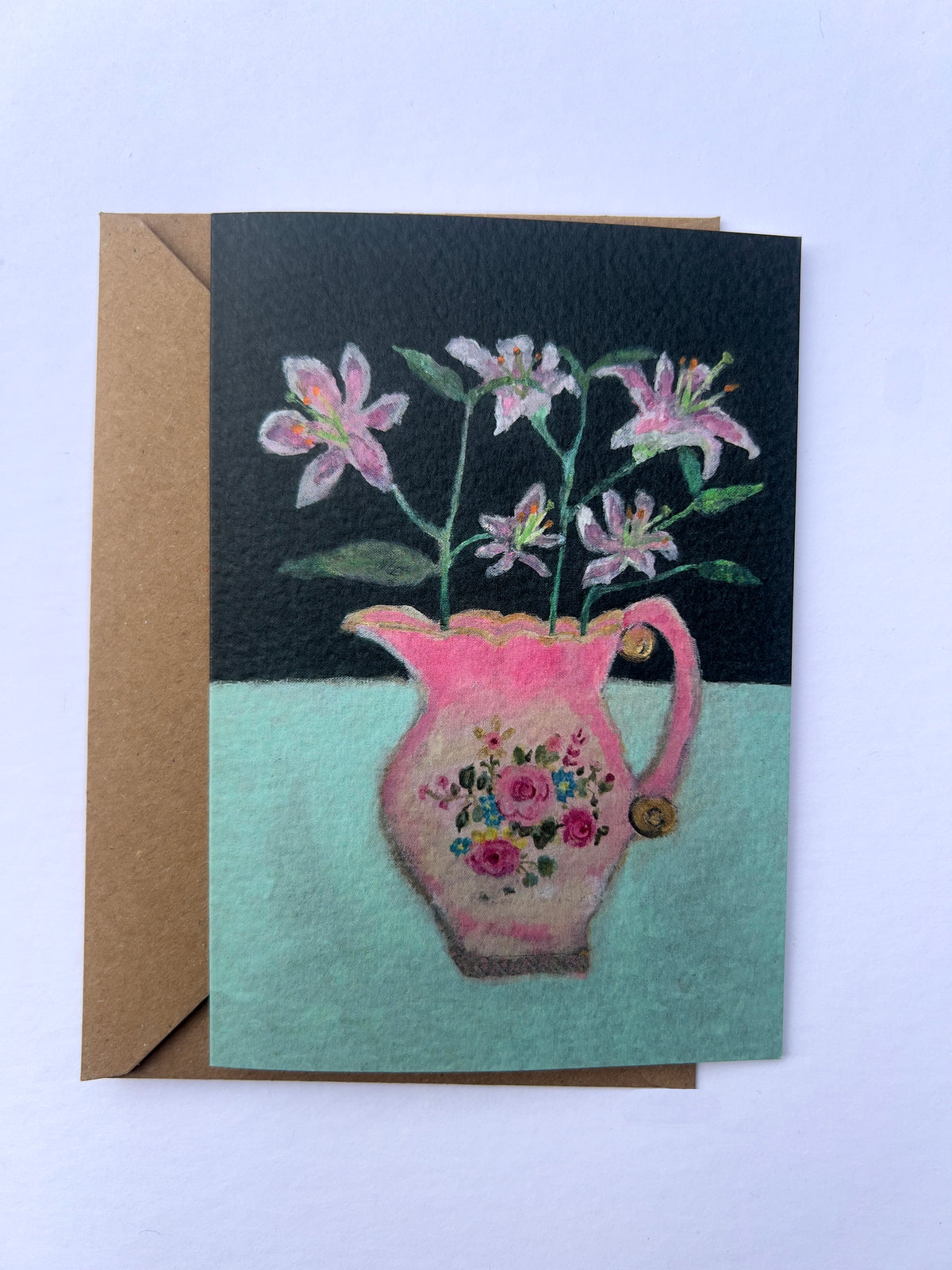 Lillies in Pink Staffordshire jug card by Zoe Attwood.