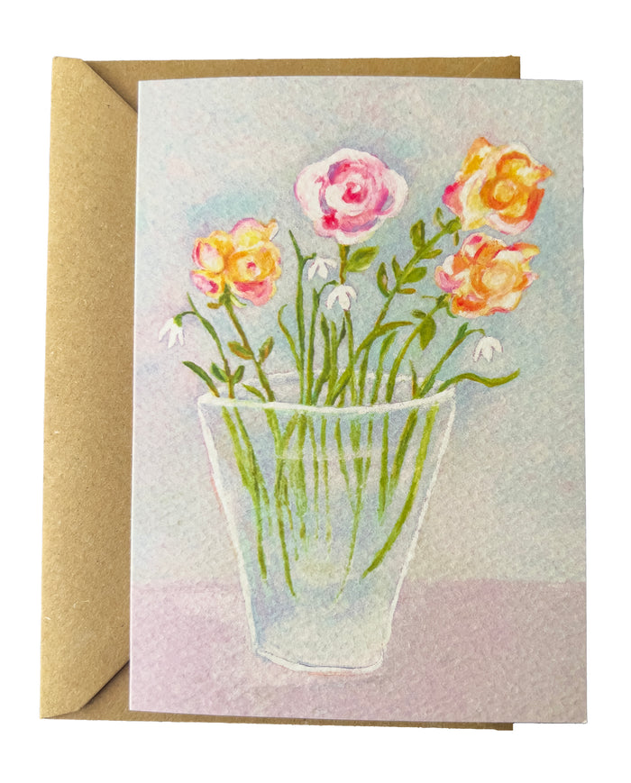 Roses and Snowdrops Art Greeting Card by Zoe Attwood - Winter Spring Botanical Art