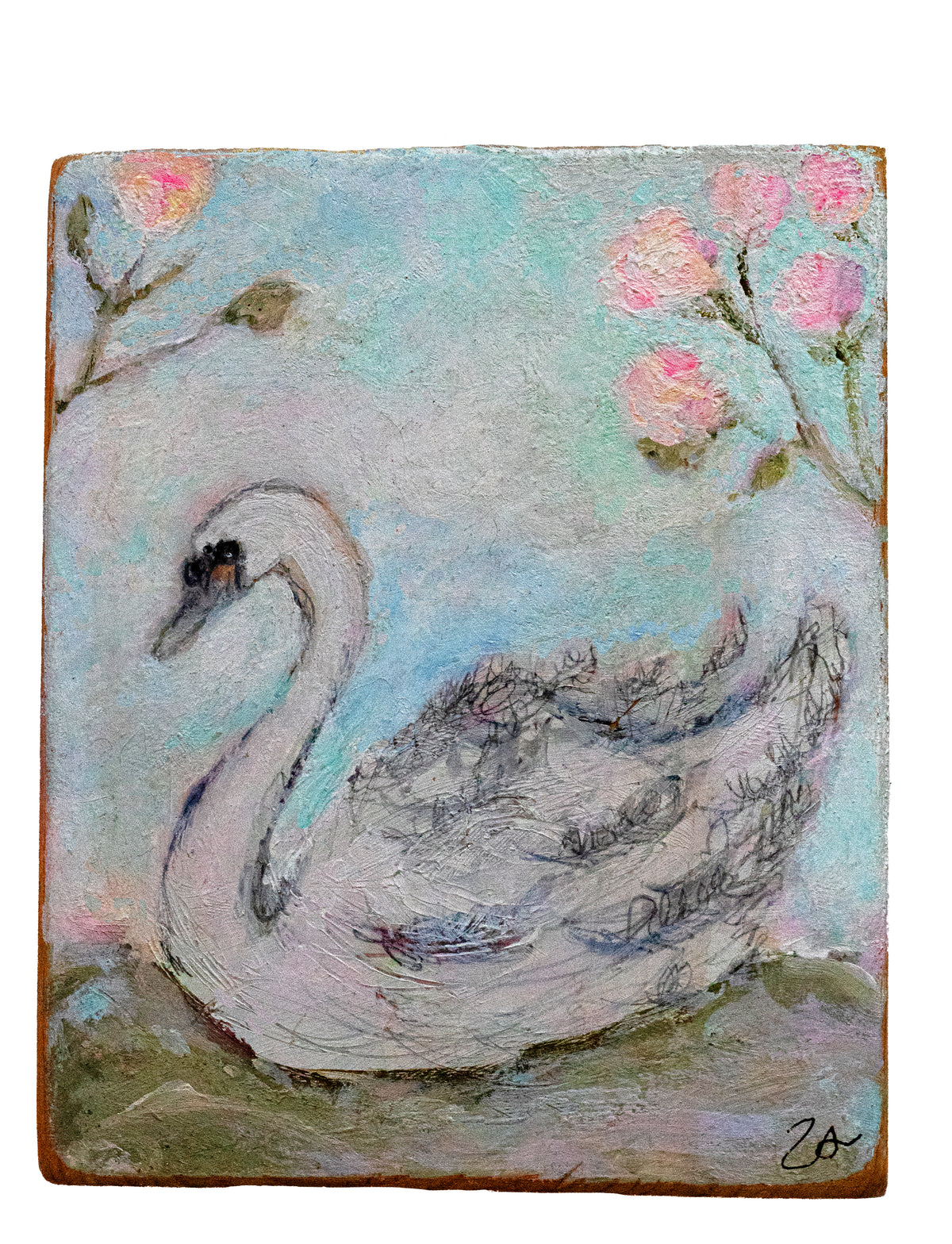 Hand-painted swan artwork on wood, 7x5 inches, featuring a graceful white swan with soft natural details, ready to hang with hook on the back.