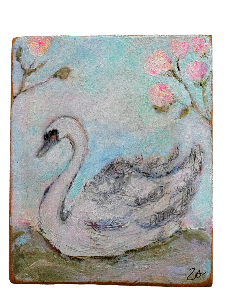 Hand-painted swan artwork on wood, 7x5 inches, featuring a graceful white swan with soft natural details, ready to hang with hook on the back.
