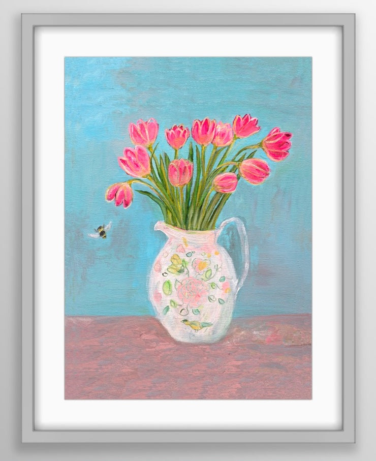 Tulips in Foley Rose Jug Print by Zoe Attwood