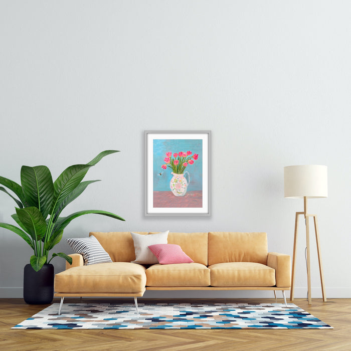 Pink Tulips in Floral jug with Bee by Zoe Attwood 
