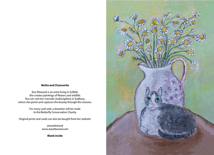 Cat & Chamomile Art Card by Zoe Attwood - Gentle Feline Among Summer Blooms