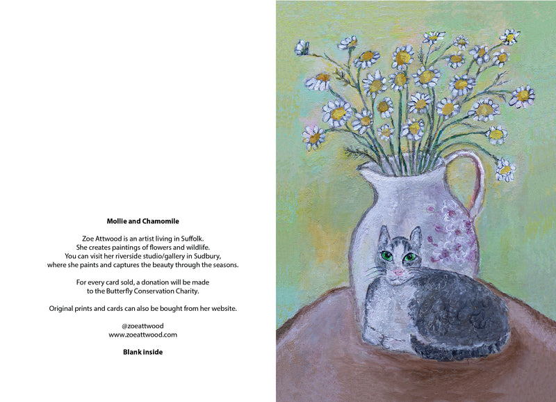 Cat & Chamomile Art Card by Zoe Attwood - Gentle Feline Among Summer Blooms