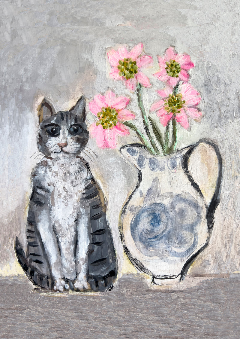 Tabby and Chrysanthemums Art Card by Zoe Attwood
