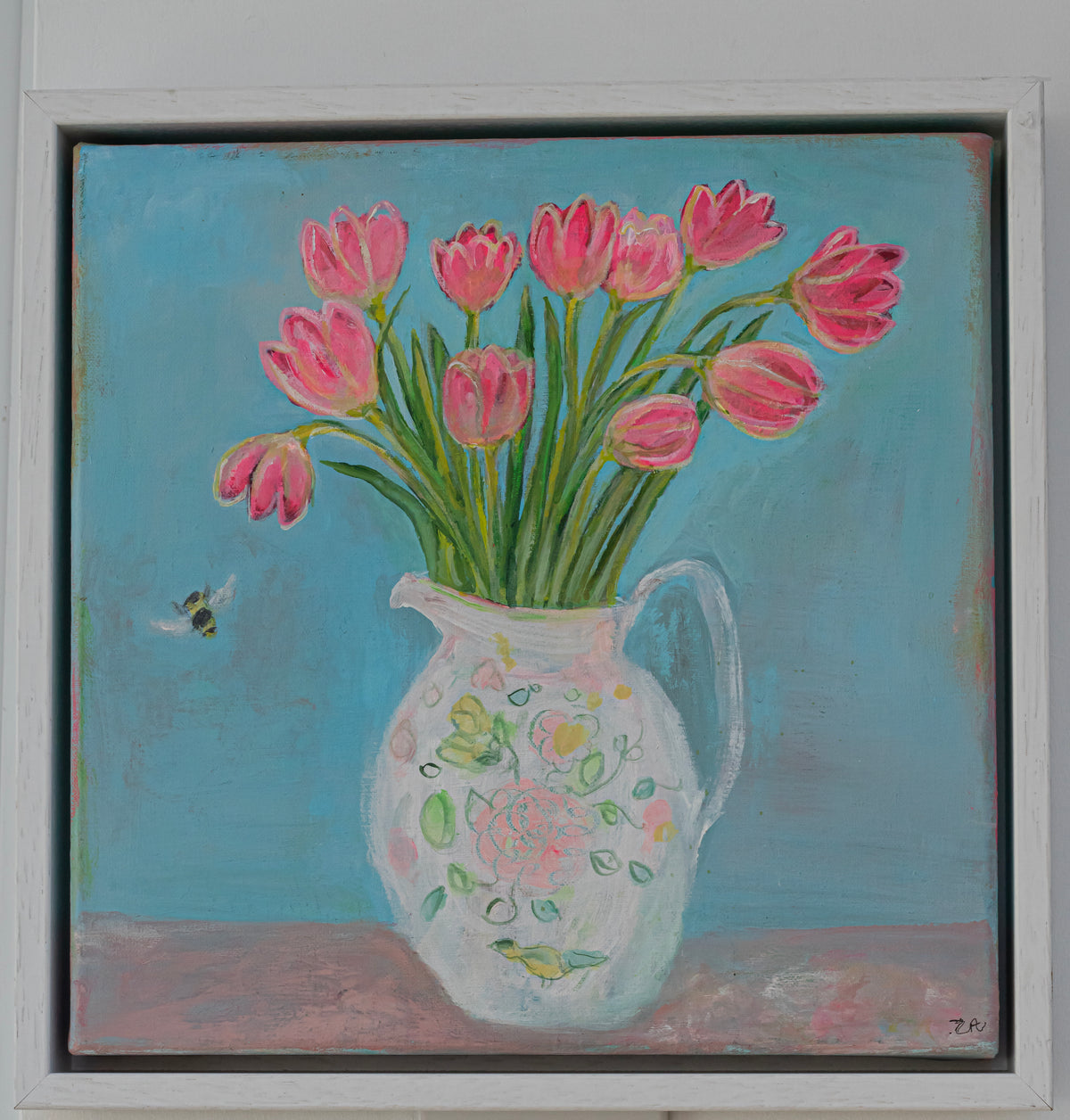 Pink Tulips in Antique Rose Jug Acrylic and Oil Painting by Zoe Attwood 