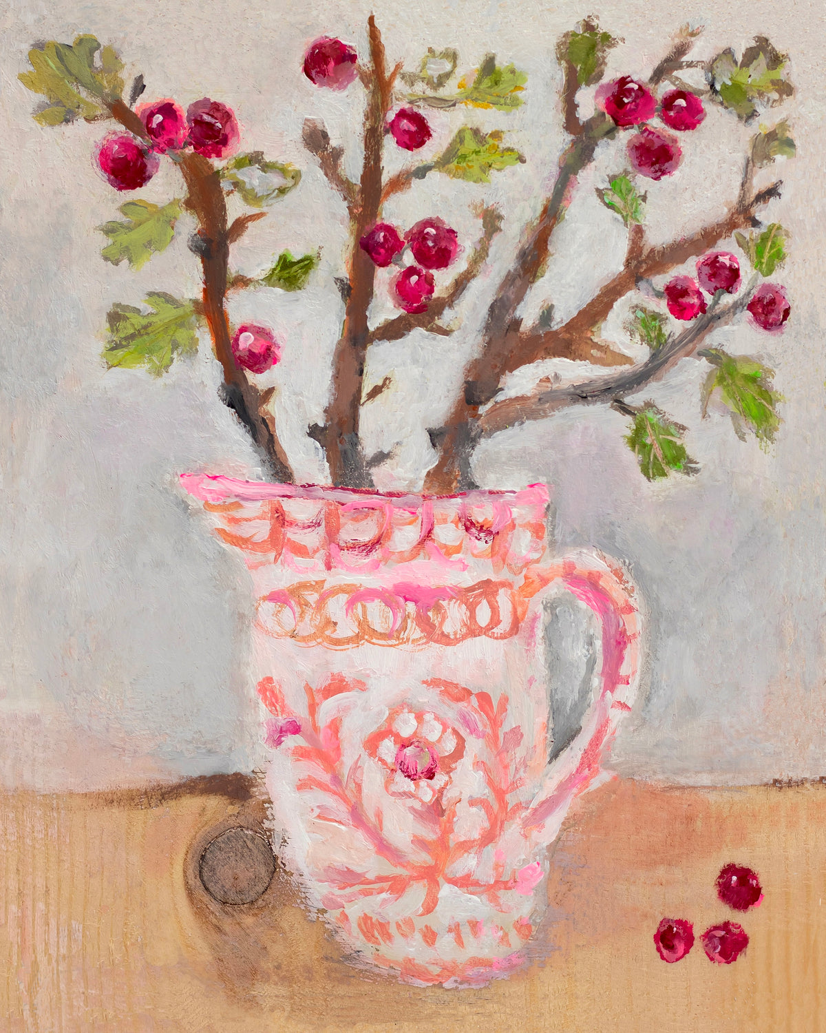 Hawthorn in Coral Repintado Jug Print by Zoe Attwood