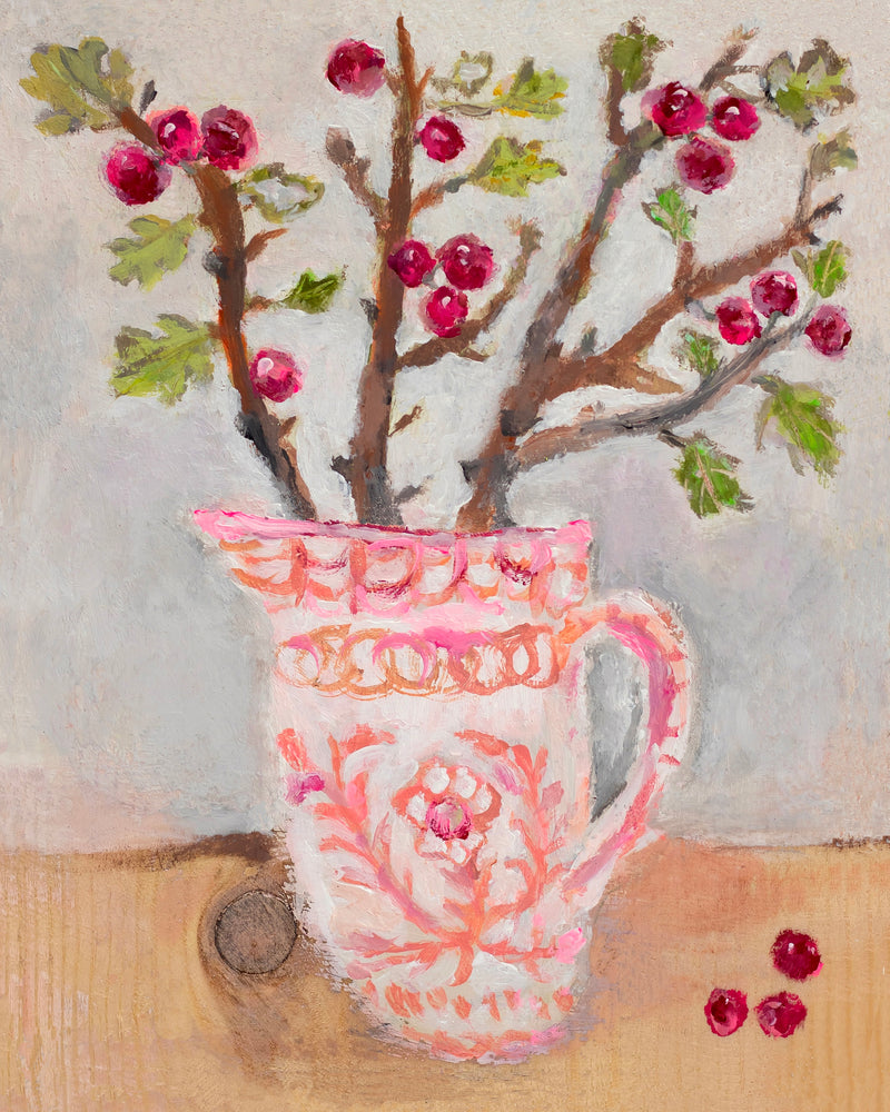 Hawthorn in Coral Repintado Jug Print by Zoe Attwood